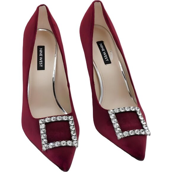 Nine West Franny Burgundy Velvet Jeweled Pointed Toe Pumps Heels Women 8M - Picture 1 of 6